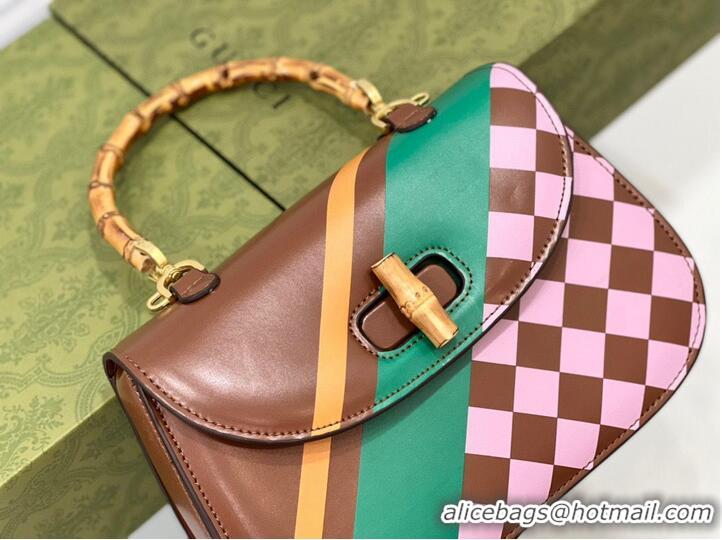 Good Quality Gucci Small top handle bag with Bamboo 675797 Pink plaid green and yellow print