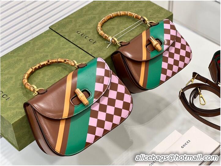 Good Quality Gucci Small top handle bag with Bamboo 675797 Pink plaid green and yellow print