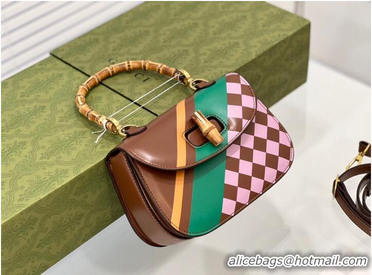 Good Quality Gucci Small top handle bag with Bamboo 675797 Pink plaid green and yellow print