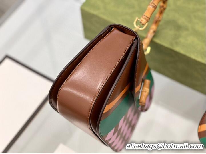 Good Quality Gucci Small top handle bag with Bamboo 675797 Pink plaid green and yellow print