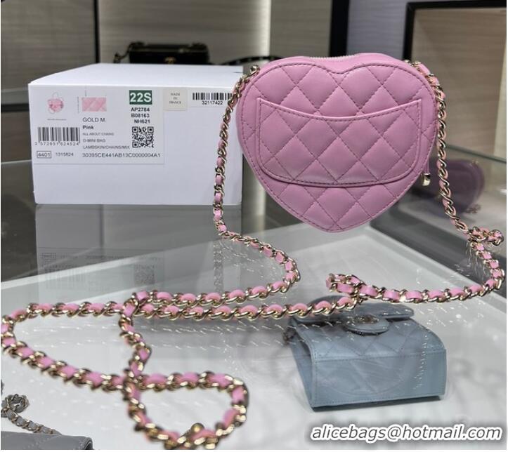 Low Cost Chanel 2022S Love Heart mini Lambskin Crossbody Chain Bag AO2784 pink