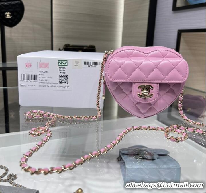 Low Cost Chanel 2022S Love Heart mini Lambskin Crossbody Chain Bag AO2784 pink