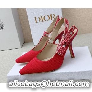 Unique Style Dior J'Adior Slingback Pumps 9.5cm in Red Embroidered Cotton Ribbon 042223