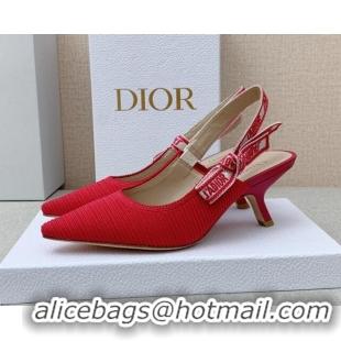 Low Price Dior J'Adior Slingback Pumps 6.5cm in Red Embroidered Cotton Ribbon 042224