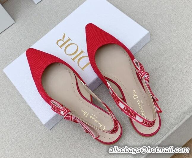 Best Price Dior J'Adior Slingback Ballerinas Flat in Red Embroidered Cotton Ribbon 042225