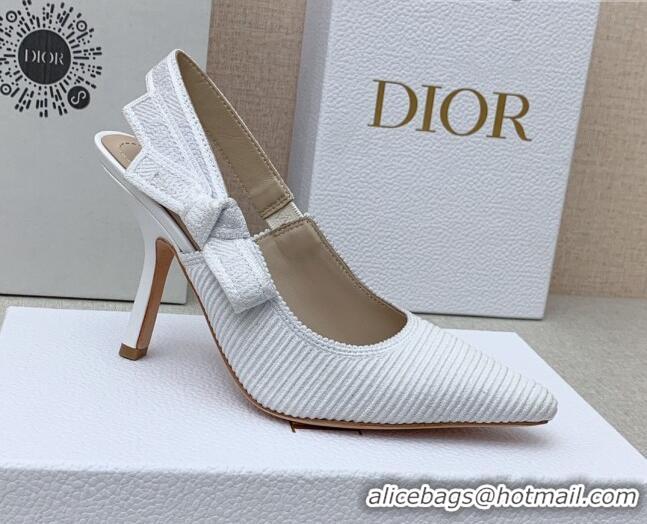 Good Quality Dior J'Adior Slingback Pumps 9.5cm in White Embroidered Cotton Ribbon 042226