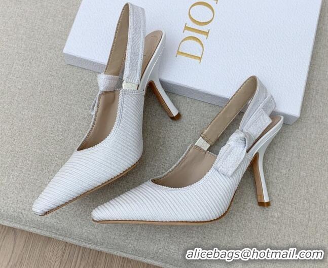 Good Quality Dior J'Adior Slingback Pumps 9.5cm in White Embroidered Cotton Ribbon 042226