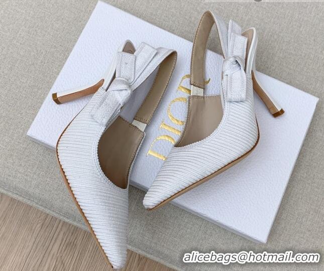 Good Quality Dior J'Adior Slingback Pumps 9.5cm in White Embroidered Cotton Ribbon 042226