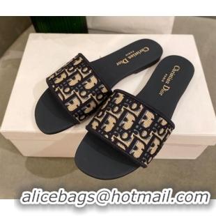 1:1 aaaaa Dior Dway Flat Slide Sandals in Oblique Embroidered Canvas Black 042232