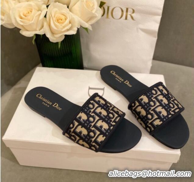 1:1 aaaaa Dior Dway Flat Slide Sandals in Oblique Embroidered Canvas Black 042232