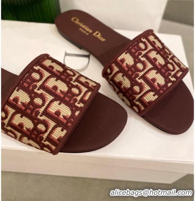 Discount Dior Dway Flat Slide Sandals in Oblique Embroidered Canvas Burgundy 042233