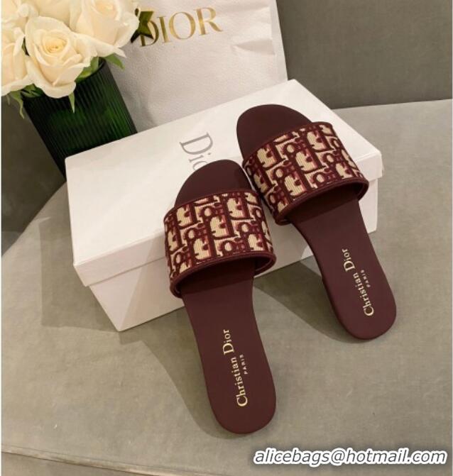 Discount Dior Dway Flat Slide Sandals in Oblique Embroidered Canvas Burgundy 042233