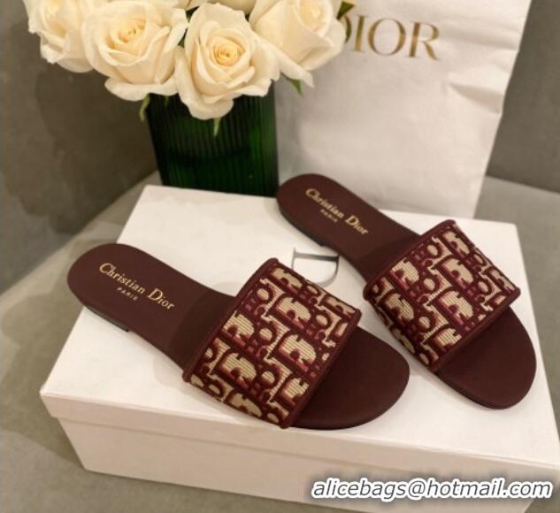 Discount Dior Dway Flat Slide Sandals in Oblique Embroidered Canvas Burgundy 042233