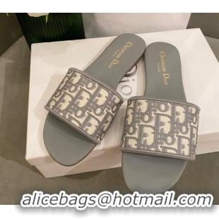 Lower Price Dior Dway Flat Slide Sandals in Oblique Embroidered Canvas Grey 042234