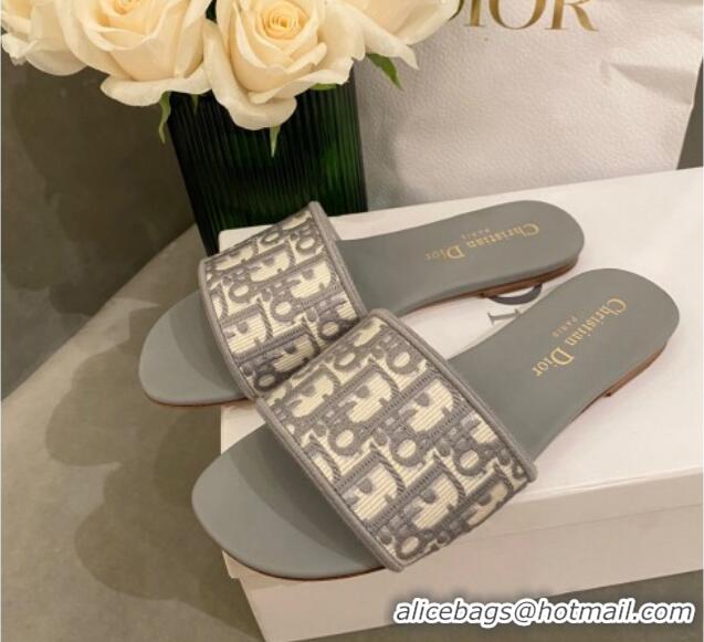 Lower Price Dior Dway Flat Slide Sandals in Oblique Embroidered Canvas Grey 042234