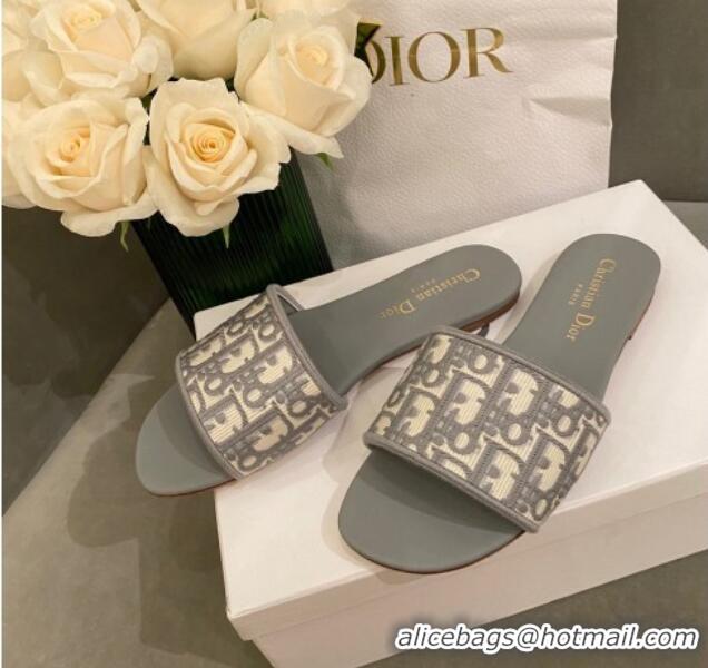 Lower Price Dior Dway Flat Slide Sandals in Oblique Embroidered Canvas Grey 042234