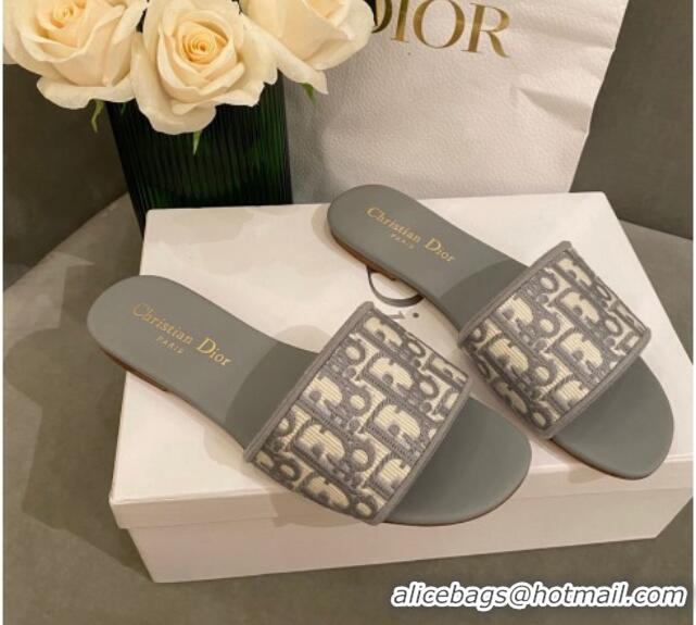 Lower Price Dior Dway Flat Slide Sandals in Oblique Embroidered Canvas Grey 042234