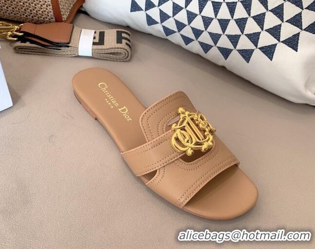 Sophisticated Dior Leather Flat Slide Sandals with CD Metal Charm Brown 042235