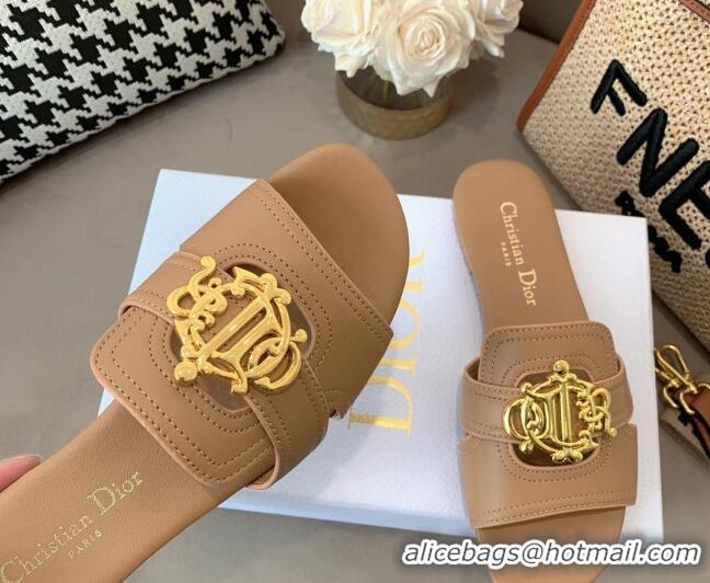 Sophisticated Dior Leather Flat Slide Sandals with CD Metal Charm Brown 042235