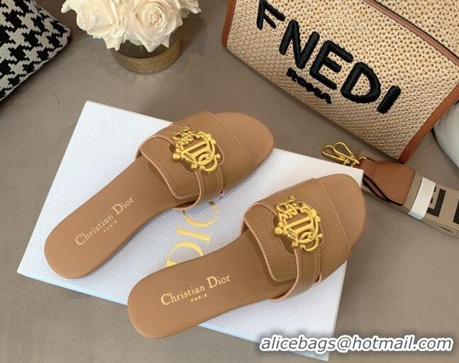 Sophisticated Dior Leather Flat Slide Sandals with CD Metal Charm Brown 042235