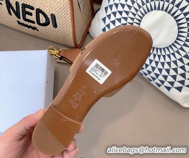 Sophisticated Dior Leather Flat Slide Sandals with CD Metal Charm Brown 042235