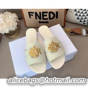 Purchase Dior Leather Flat Slide Sandals with CD Metal Charm White 042237