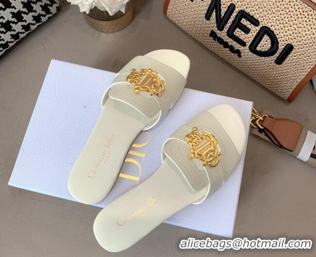 Purchase Dior Leather Flat Slide Sandals with CD Metal Charm White 042237