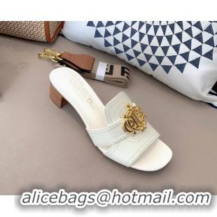 Stylish Dior Leather Heel Slide Sandals 4cm with CD Metal Charm White 042238