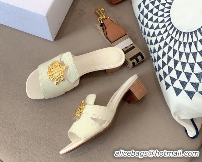 Stylish Dior Leather Heel Slide Sandals 4cm with CD Metal Charm White 042238