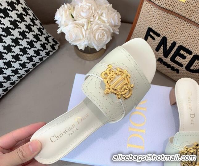 Stylish Dior Leather Heel Slide Sandals 4cm with CD Metal Charm White 042238