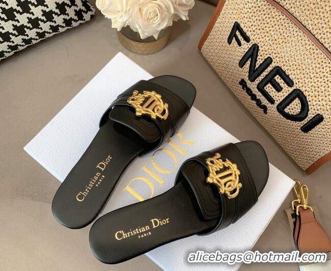 Sumptuous Dior Leather Flat Slide Sandals with CD Metal Charm Black 042239