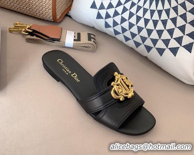 Sumptuous Dior Leather Flat Slide Sandals with CD Metal Charm Black 042239