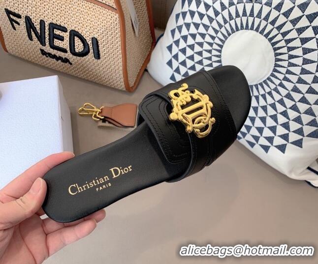 Sumptuous Dior Leather Flat Slide Sandals with CD Metal Charm Black 042239