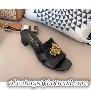 Sophisticated Dior Leather Heel Slide Sandals 4cm with CD Metal Charm Black 042240