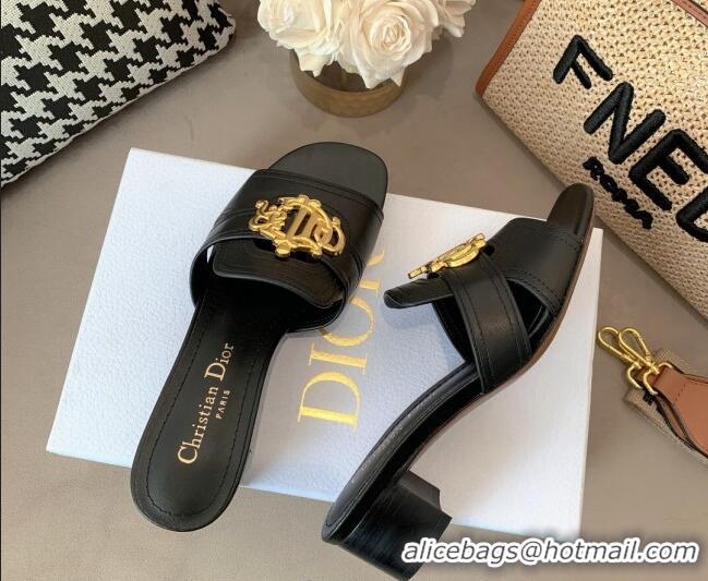 Sophisticated Dior Leather Heel Slide Sandals 4cm with CD Metal Charm Black 042240