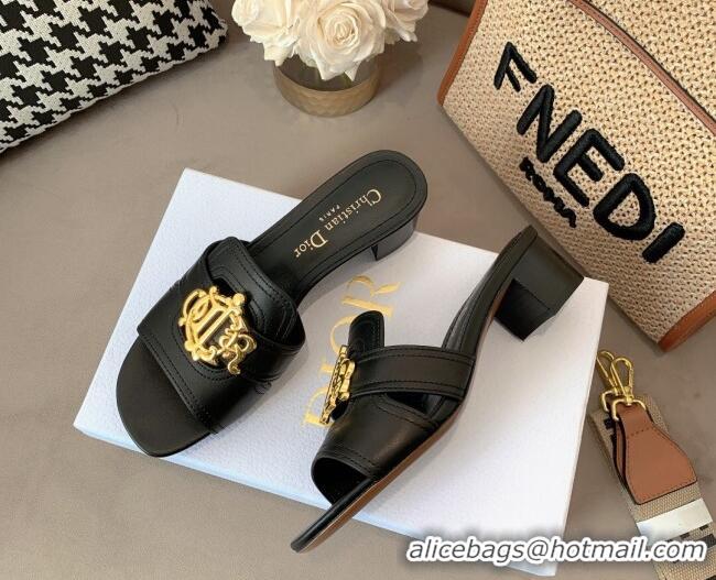 Sophisticated Dior Leather Heel Slide Sandals 4cm with CD Metal Charm Black 042240