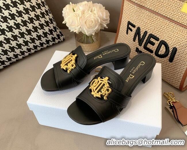 Sophisticated Dior Leather Heel Slide Sandals 4cm with CD Metal Charm Black 042240