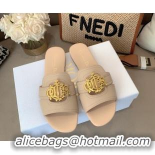 Good Quality Dior Leather Flat Slide Sandals with CD Metal Charm Beige 042241