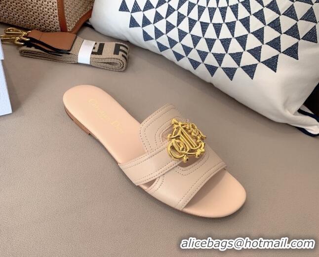 Good Quality Dior Leather Flat Slide Sandals with CD Metal Charm Beige 042241