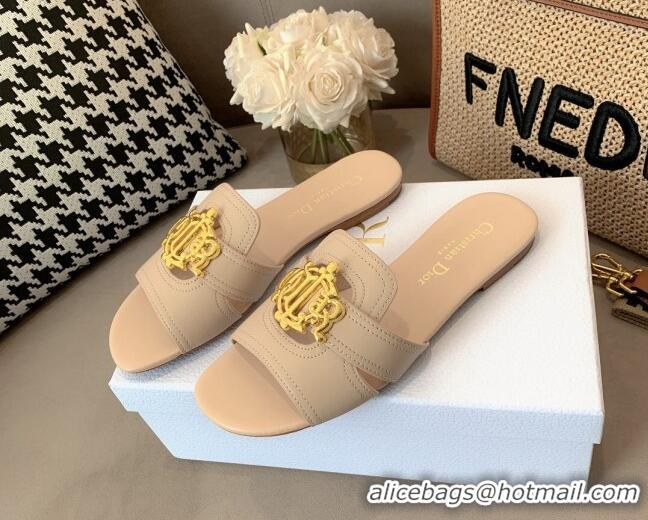 Good Quality Dior Leather Flat Slide Sandals with CD Metal Charm Beige 042241