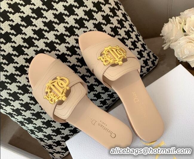 Good Quality Dior Leather Flat Slide Sandals with CD Metal Charm Beige 042241