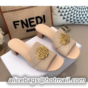 Stylish Dior Leather Heel Slide Sandals 4cm with CD Metal Charm Beige 042242 