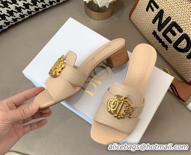 Stylish Dior Leather Heel Slide Sandals 4cm with CD Metal Charm Beige 042242 