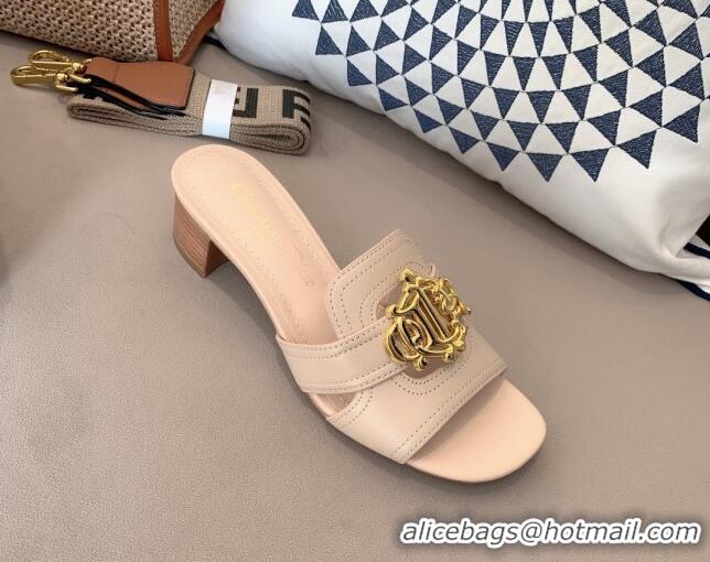 Stylish Dior Leather Heel Slide Sandals 4cm with CD Metal Charm Beige 042242 