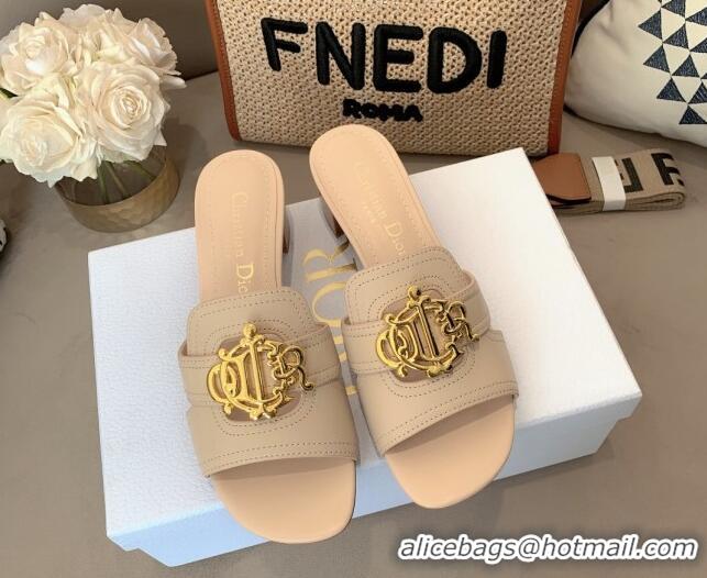 Stylish Dior Leather Heel Slide Sandals 4cm with CD Metal Charm Beige 042242 