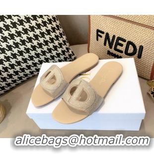 Classic Hot Dior D-Club Crystal CD Flat Slide Sandals Beige 042243