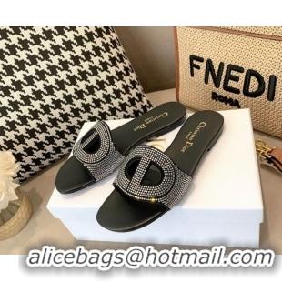 Low Cost Dior D-Club Crystal CD Flat Slide Sandals Black 042245