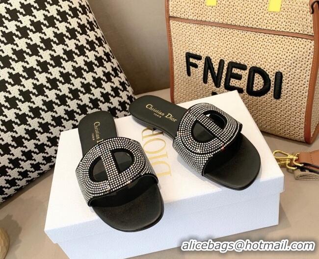 Low Cost Dior D-Club Crystal CD Flat Slide Sandals Black 042245