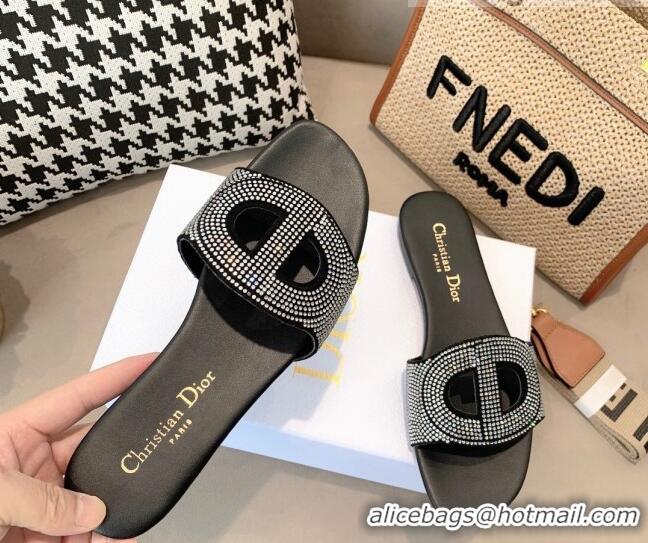 Low Cost Dior D-Club Crystal CD Flat Slide Sandals Black 042245