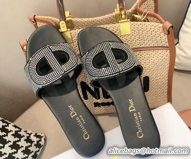 Low Cost Dior D-Club Crystal CD Flat Slide Sandals Black 042245